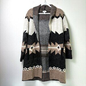 Denim & Co Jacquard Long Sleeve Cardigan Size 1X Brown Aztec Print Open A367956